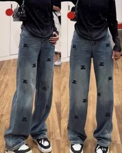 【新品】CELINE 刺繍 ダークブルー ワイドレッグデニム