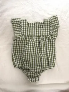 SHEINグリーンチェック フリルロンパース 3-6M