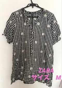 ZARA 半袖ブラウス M チェック柄 花刺繍
