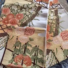 花柄刺繍 袋帯 オレンジ ゴールド