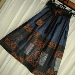 大島紬リメイクスカート着物パッチワークデザイン スカートM~L