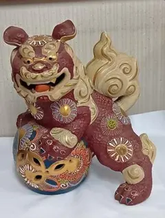 美品】九谷焼 特大 玉乗り獅子 約30cm 赤盛 金彩 魔除け 開運 置物