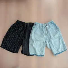 130cm キッズ 男の子 ハーフパンツ 2枚セット 黒ストライプ デニム風