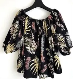 カラフル植物柄バルーン袖オフショルダーフレアトップス プルオーバー