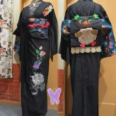 デニム着物リメイク フクロウパッチ二部式帯 ハンドメイドセット売り❣️コスプレ