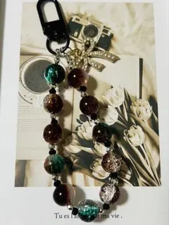 ビーズストラップ リボンチャーム付き