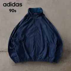 希少アディダス90sナイロンジャケットボーダーリブ切替刺繍ロゴネイビー短丈古着L