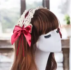 ヘッドドレス ロリータ 白 赤 レース ゴスロリ コスプレ リボン 推し活