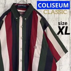 コロシアム　ボタンダウンシャツ　半袖　マルチストライプ　size XL 刺繍ロゴ