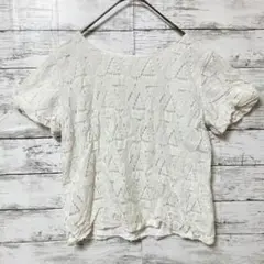DRESKIP✨ブラウス【M】クルーネック　レース　シアー　半袖　ホワイト