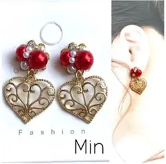 レッド系　ビジュー　ピアス　ハンドメイド　イヤリング変更可能