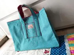 《ハンドメイド商品》スクエアトートバッグ ギンガムチェック ターコイズ