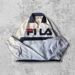 【一点物】90sフィラFILAビッグロゴ刺繍ハーフジップナイロン上下セットアップ