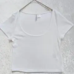 H&M 白 ラウンド ネック Tシャツ リブ シンプル ベーシック M