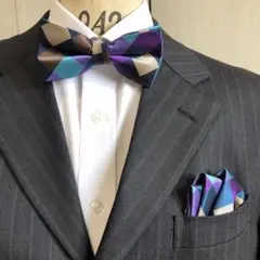 蝶ネクタイ　ポケットチーフ2点セット/レッド花柄&モスグリーン J