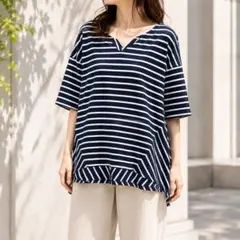 リヴドロワ【F】ボーダー半袖Tシャツ ビッグシルエット ゆるだぼ ネイビーのサムネイル