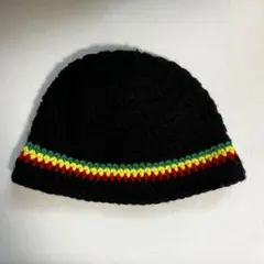 編み物ニット帽 ストライプ　クラッシャーハット