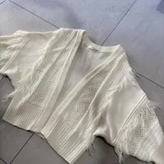 アイボリー フリンジ ニットカーディガン