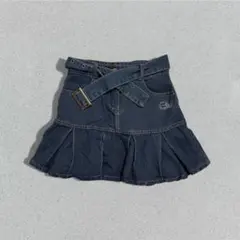 VINTAGE ミニスカート ダークブルー フリル調 ベルト デニム調 ロゴ刺繍