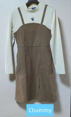 Chummyワンピース ベージュ×ホワイト 長袖