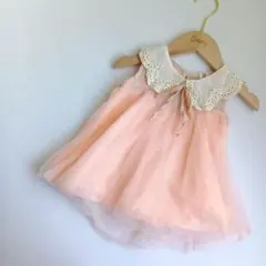 ベビー服 ピンク チュールノースリーブ トップス レース襟