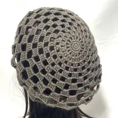 ブラウン　透かし編み　ベレー帽　アクリル　ハンドメイド