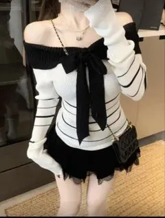 オフショルダー ストライプ ニット セーター　シーイン