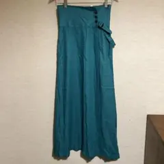 ターコイズ ロングスカート ボタン付 ちょっと変わった巻きスカート(麻素材)