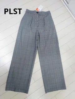 PLST 新品 タグ付 グレー チェック ワイドパンツ L ストレッチ 蓄熱素材