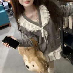 グレー ニット バレエコア 韓国 フレンチガーリー 白 リボン レース