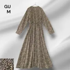 GU　ジーユー　ロングワンピース　M　黒　花柄　総柄　Aライン　長袖　1171