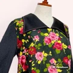 vintageヴィンテージワンピース花柄ビッグカラー黒系レトロヨーロッパ海外古着