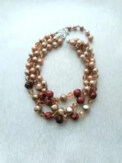 ビーズネックレス 3連 ブラウン系