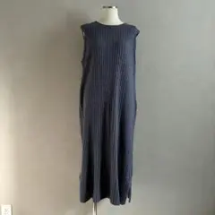 SHIPS コットン 細リブ ノースリーブロングワンピース メランジネイビー