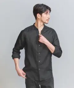 beauty & youth リネン　バンドカラースキッパーシャツ　ブラック　Sのサムネイル