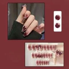 ネイルチップ 12枚入 3D爪 人気 ネイルシール付け爪 赤い蝶