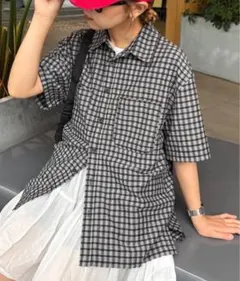 グレー系チェック 半袖シャツ オーバーサイズ