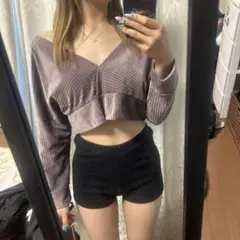 パープル クロップドトップス Vネック 長袖のサムネイル