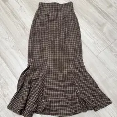 千鳥格子柄 マーメイドロングスカート ブラウン