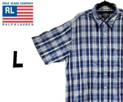 ポロジーンズ　半袖 シャツ　チェック柄　ブルー　L　K00153