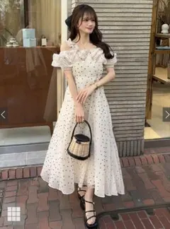 ドット柄フリルオフショルダーフレアロングワンピース ru1165 sサイズ