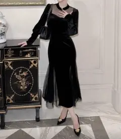 Sサイズ パーティードレス 黒 ベロア素材 ワンピース