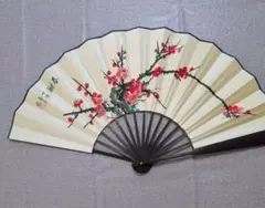 中国古美術 扇子 手描き 花鳥図 梅の花 詩賦文 黒檀扇骨