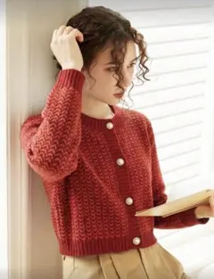 Knit Mix 赤 編み込み ニット 厚手カーディガン Sサイズ