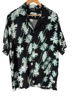 JUN NAKAYAMA ヤシ柄 開襟シャツ L/XL 黒×白 総柄 リゾート