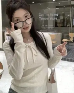 リボン付きホワイトリブ編み長袖トップス shein grl ニット 新品未使用