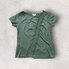 フェミニン カットソー 半袖 レース グリーン アシンメトリー 夏服のサムネイル