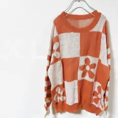 希少✨オレンジ/ホワイト【XL 】花柄チェックセーター