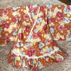 オレンジ花柄 浴衣ドレス 110cm ☆