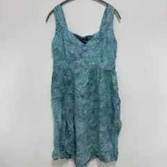 マージージェー【L】ワンピース スクエアネック 葉柄 青 レーヨン お出かけ